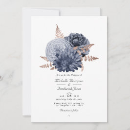 Invitación Código QR de boda floral azul polvoriento y rosa d