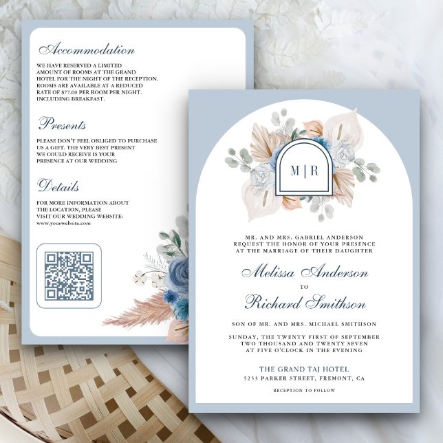 Invitación Código QR de Boda Floral Boho Dusty Blue Pampas (Subido por el creador)
