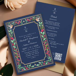 Invitación Código QR de Boda Floral Botánica Encantadora Azul