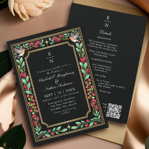 Invitación Código QR de Boda Floral Botánica Encantadora Negr