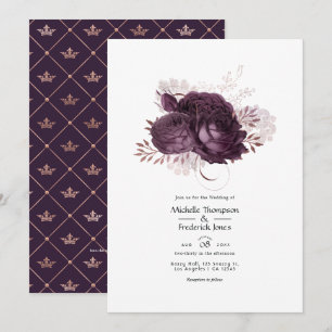 Invitación Código QR de boda floral de color púrpura oscuro y