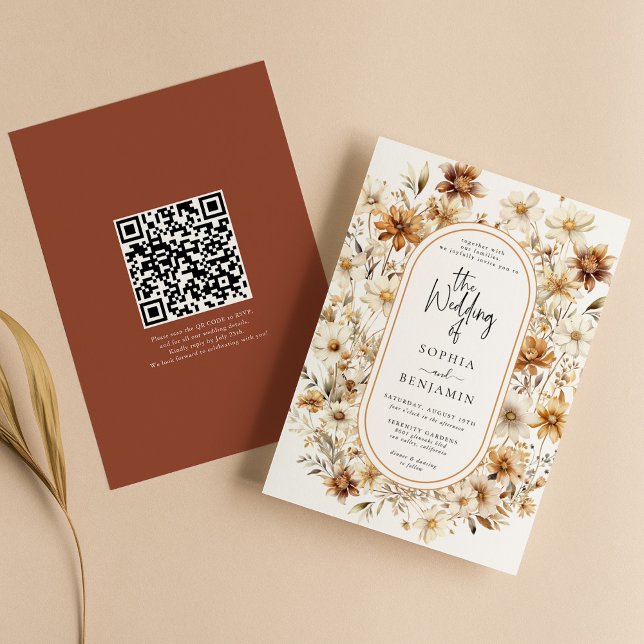 Invitación Código QR de Boda Floral de Terracota Flor Silvest (Subido por el creador)
