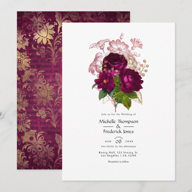 Invitación Código QR de Boda Floral Desgastado Blush Borgoña  (Anverso / Reverso)