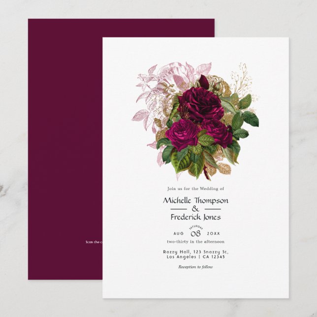 Invitación Código QR de Boda Floral Desgastado Blush Borgoña  (Anverso / Reverso)