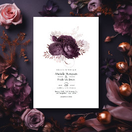 Invitación Código QR de Boda floral dorado morado oscuro y Ro