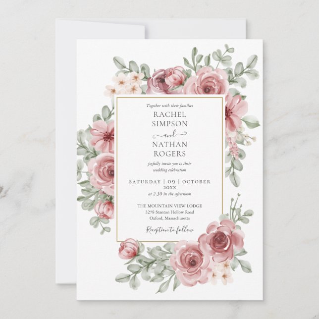 Invitación Código QR de boda Floral Dusty Rose (Anverso)