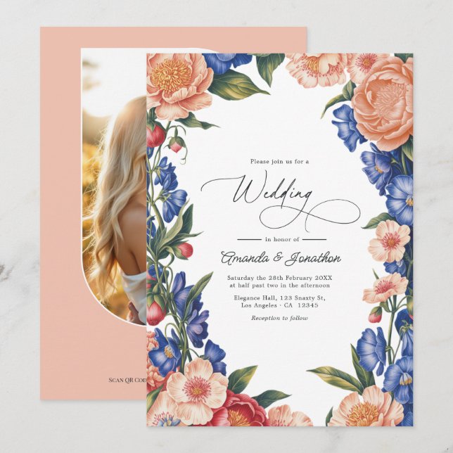 Invitación Código QR de Boda Floral Elegante Melocotón y Azul (Anverso / Reverso)