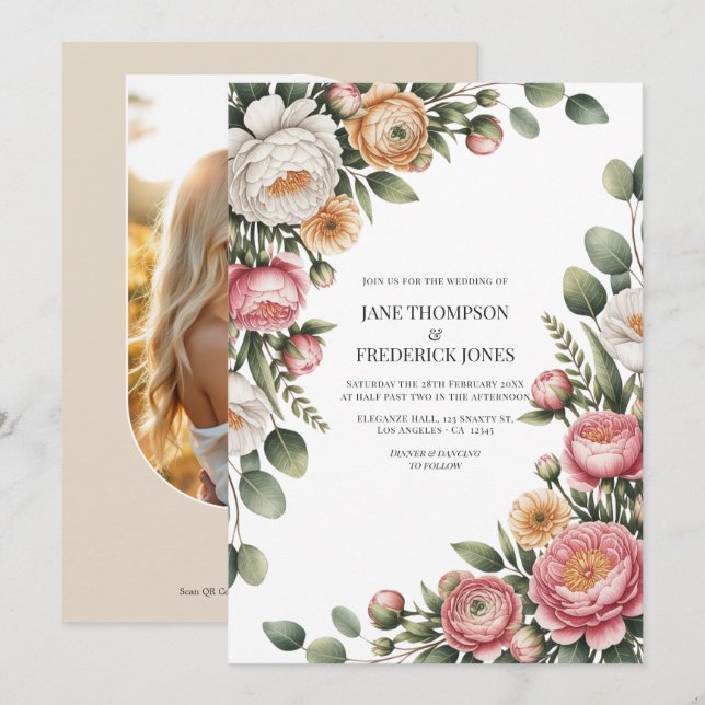 Invitación Código QR de boda floral en Sage, Blush y Light Ta (Anverso / Reverso)