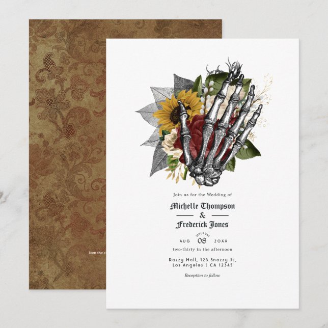 Invitación Código QR de boda floral gótica rústica de otoño (Anverso / Reverso)