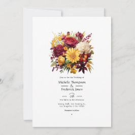 Invitación Código QR de boda floral granate y amarillo