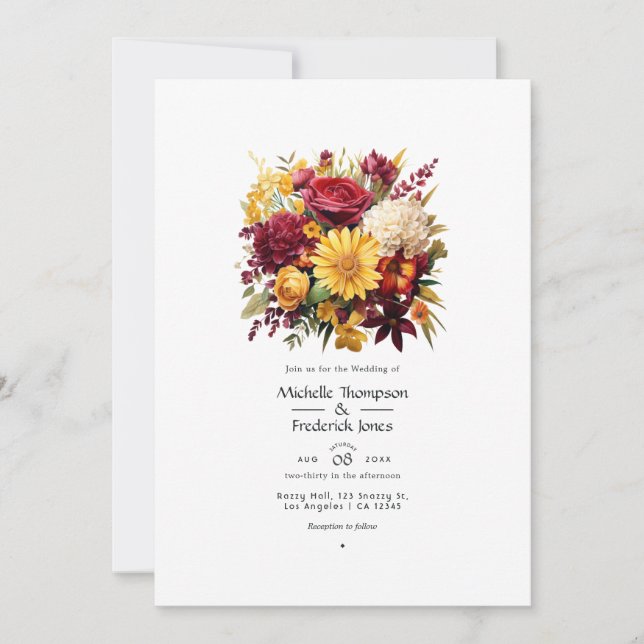 Invitación Código QR de boda floral granate y amarillo (Anverso)