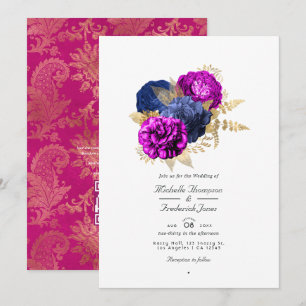 Invitación Código QR de boda floral magenta, navy y dorado pa