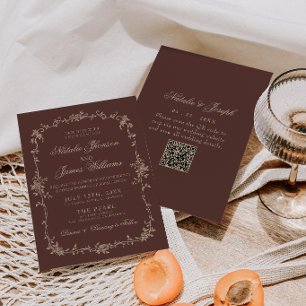 Invitación Código QR de Boda Floral Marrón Chocolate Dinero A
