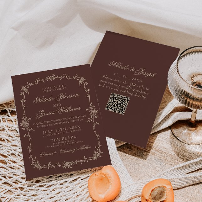 Invitación Código QR de Boda Floral Marrón Chocolate Dinero A (Subido por el creador)