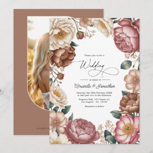 Invitación Código QR de Boda Floral Mocha, Crema y Rosa Polvo