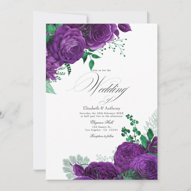 Invitación Código QR de boda floral morado y verde elegante (Anverso)
