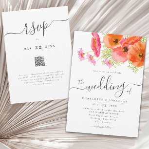 Invitación Código QR de Boda Floral Naranja Rosa Vibrante Mod