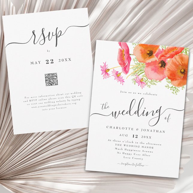 Invitación Código QR de Boda Floral Naranja Rosa Vibrante Mod (Modern vibrant pink orange garden floral wedding qr code invitation)