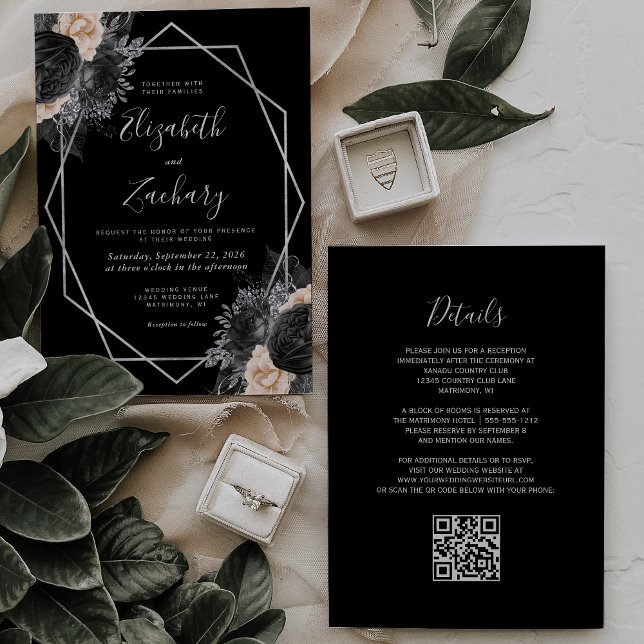 Invitación Código QR de Boda Floral Negro Melocotón Marco de  (Subido por el creador)