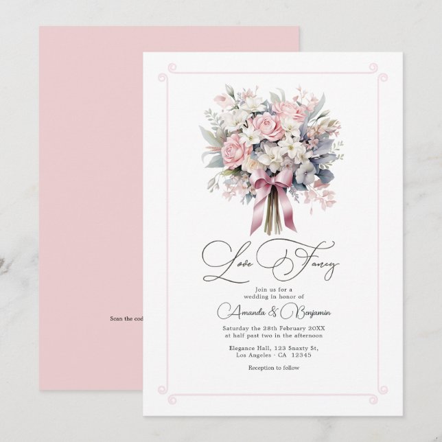 Invitación Código QR de Boda Floral Pastel Caprichoso Amor Fa (Anverso / Reverso)
