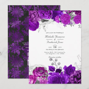 Invitación Código QR de boda floral púrpura y plata Rsvp