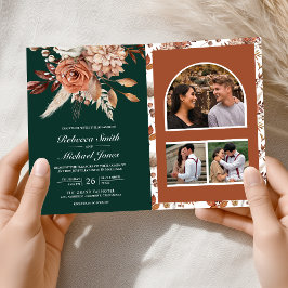 Invitación Código QR de Boda Floral Terracota Esmeralda Verde