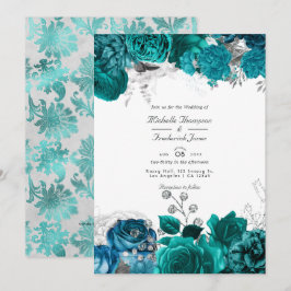Invitación Código QR de boda floral verde azulado y plateado 
