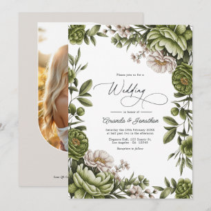 Invitación Código QR de Boda Floral Verde Oliva y Neutro