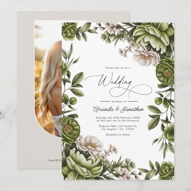 Invitación Código QR de Boda Floral Verde Oliva y Neutro (Anverso / Reverso)