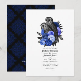 Invitación Código QR de boda gótica de búhos azul real vintag