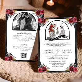 Invitación Código QR de boda gótica de pareja de esqueletos c