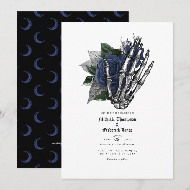 Invitación Código QR de boda gótica floral azul marino (Anverso / Reverso)