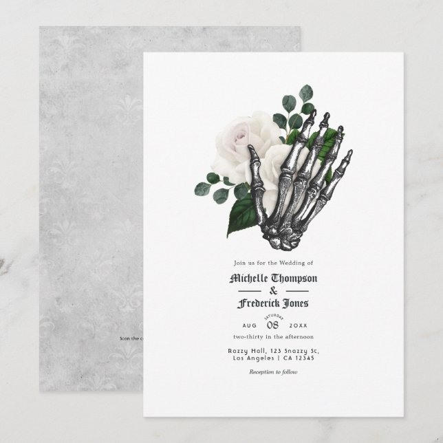 Invitación Código QR de boda gótica floral blanca (Anverso / Reverso)