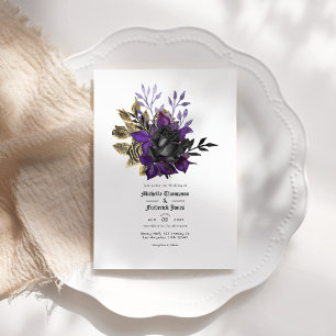 Invitación Código QR de Boda Gótica Floral Negro Púrpura Dora