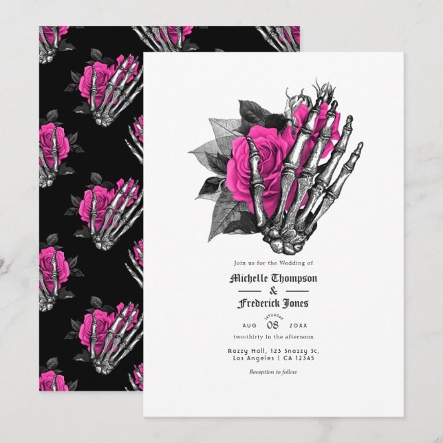 Invitación Código QR de boda gótica floral rosa caliente (Anverso / Reverso)