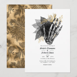 Invitación Código QR de Boda gótico floral negro y dorado