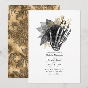 Invitación Código QR de Boda gótico floral negro y dorado