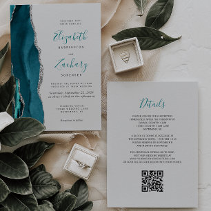 Invitación Código QR de Boda Gris Ágata Plateado Verde Cyan M