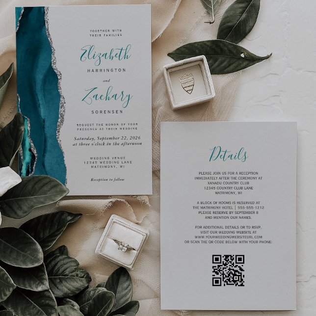 Invitación Código QR de Boda Gris Ágata Plateado Verde Cyan M (Subido por el creador)