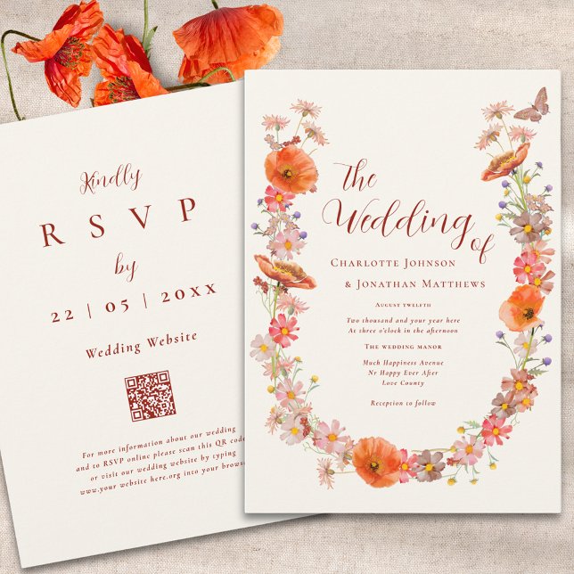 Invitación Código QR de Boda Mariposa Flor Silvestre Boho (Boho Wildflower butterfly qr code wedding invitation)