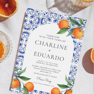 Invitación Código QR de boda mediterránea baldosas azules acu