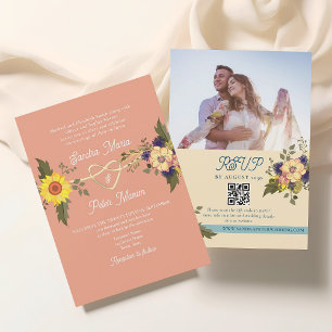 Invitación Código QR de Boda Melocotón Floral