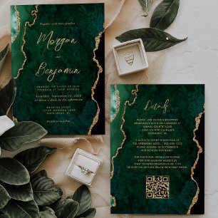 Invitación Código QR de Boda Moderno con Guión de Ágata Verde