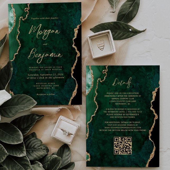 Invitación Código QR de Boda Moderno con Guión de Ágata Verde (Subido por el creador)