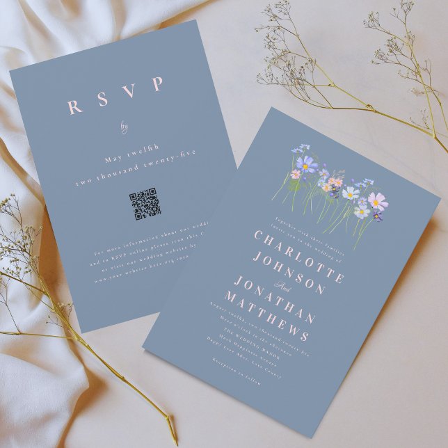 Invitación Código QR de Boda Moderno Polvo de Flor Silvestre  (Elegant wildflower meadow dusty blue blush pink floral wedding qr code invitation)