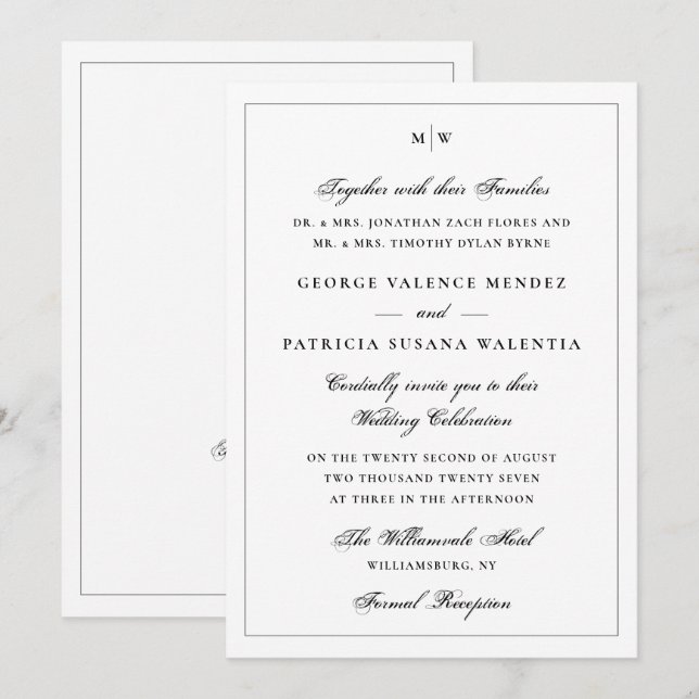 Invitación Código QR de Boda Monograma Blanco Clásico (Anverso / Reverso)