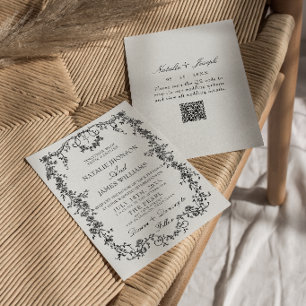Invitación Código QR de Boda Monograma Floral en Blanco y Neg