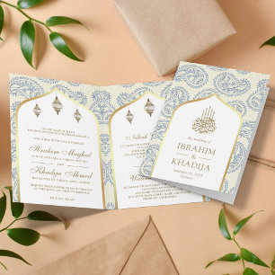 Invitación Código QR de boda musulmana con diseño paisley azu