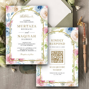 Invitación Código QR de boda musulmana de arco dorado floral