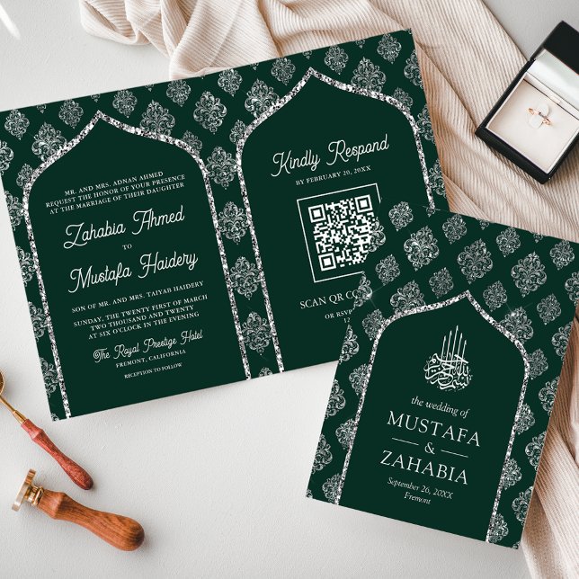 Invitación Código QR de Boda Musulmana de Damasco Plateado Es (Subido por el creador)